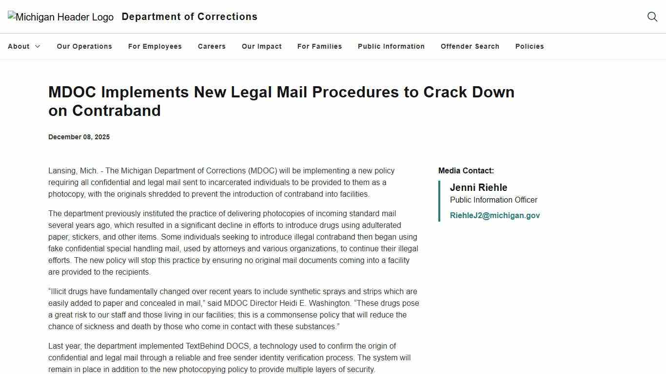 MDOC Implements New Legal Mail Procedures to Crack Down on Contraband